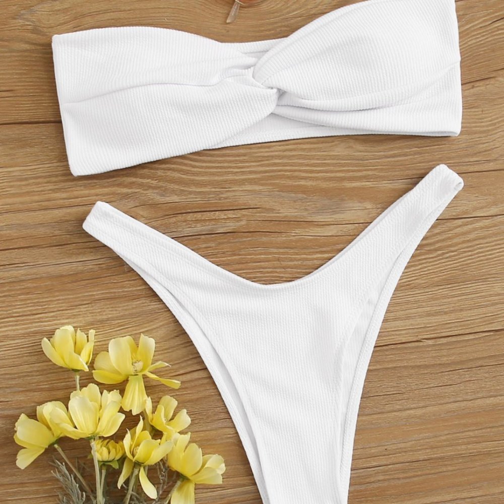 SHEIN Rib Bandeau High Cut Bikini Swimsuit